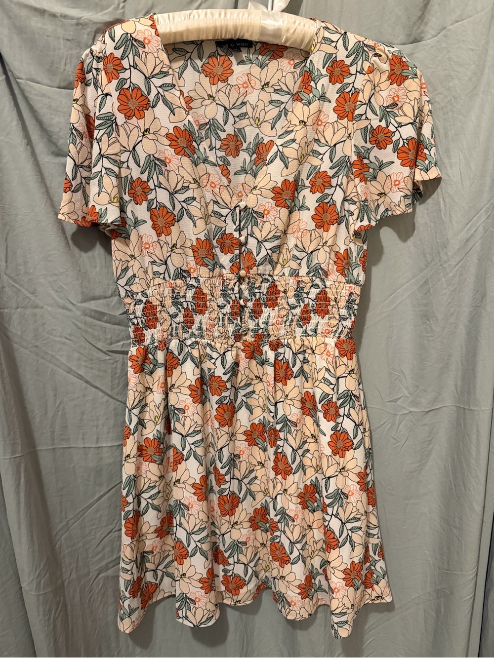 As U Wish Orange Floral Smocked Waist Mini Dress Medium